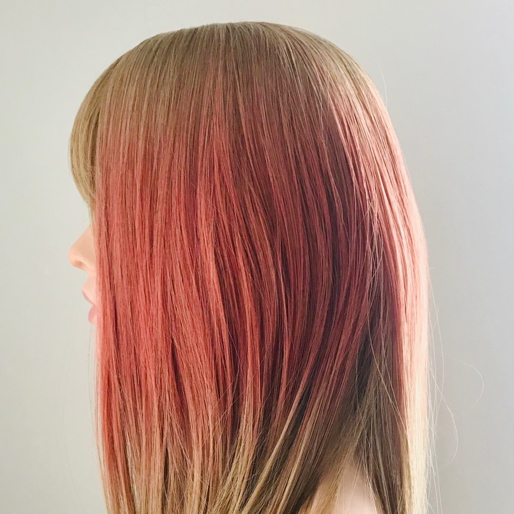 “Put On & Go” Brown/Coral Mix Synthetic Wig with Bangs - NO FURTHER DISCOUNT🌷 - Picture 2 of 5